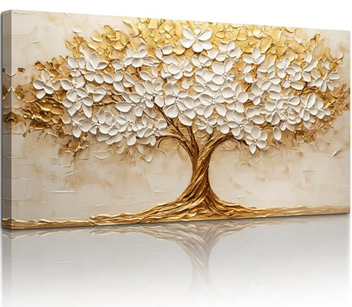 MHARTK66 Cuadros Decoración Salon, 50x100 cm Grandes Árbol Dorado con Flores Blancas Decorativas Pared Dormitorios, Lienzos Decorativos Pared Árbol Dorado de la Vida, Modernos Wall Art Comedor