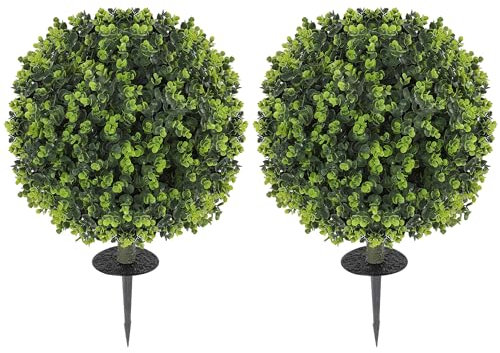HOMCOM 2er-Set Künstlicher Buchsbaumkugeln 40 cm Kunstpflanze mit Erdspieß, künstliche Pflanzen Plastik wie echt Deko mit UV-Schutz für Wohnzimmer Schlafzimmer Büro Garten