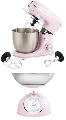 Salter Retro Pink Stand Mixer & Scale Set – 5L Electric Mixer with 8 Speeds & Pulse, Stainless Steel Removable Bowl, Includes Dough Hook, Wire Whisk, Beater, and 5kg Mechanical Kitchen Scale