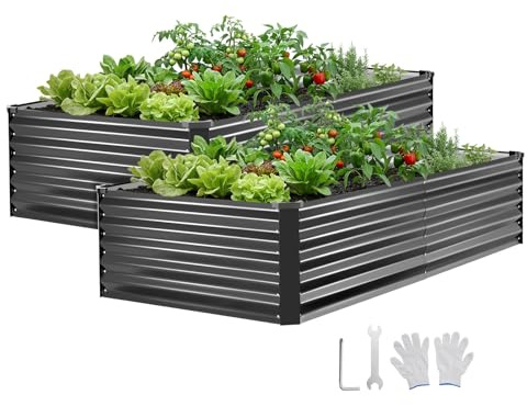 VEVOR Cama Elevada de Jardín 203x102x46 cm Rectangular, Arriate de Jardín de Metal con Base Abierta, para Cultivo de Flores Plantas con Accesorios para Terraza Patio Balcón, 2 Piezas, Gris Oscuro