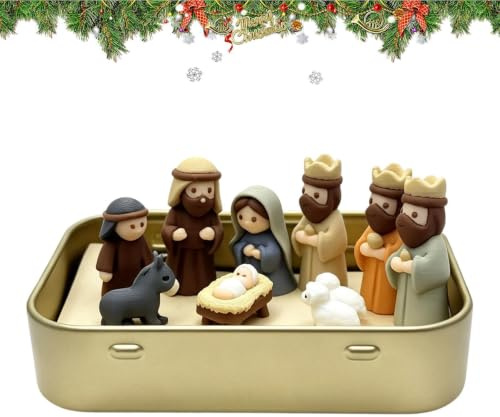 Miniatyr Julkrubba Scen 3D-Utskriven Tennlåda Med Religiösa Figurer | Julens Krubbscen Figuriner för bokhyllan öppna spisen inomhusanvändning kontoret nattduksbordet