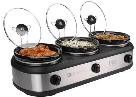 TRU Triple Buffet Server - Three 2.5 Quart Removable Crock Inserts - Slow Cooker & Food Warmer with Individual Heat Control - Includes Lid Rests & Serving Spoons