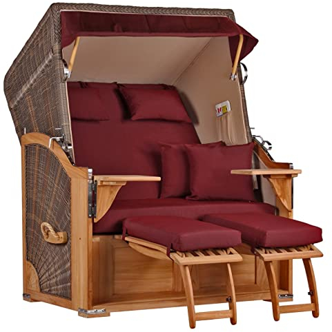 MR. DEKO® Strandkorb Seeblick 2-Sitzer Teakholz | PE Geflecht Grey | Volllieger verstellbar mit Fußablage | inkl. 4 Kissen + Wechselpolster | Strandkörbe Teak fertig montiert Strandstuhl (Dessin 550)