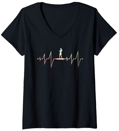 Womens Outdoor Paddleboarding Heartbeat Stand Up Paddling SUP V-Neck T-Shirt
