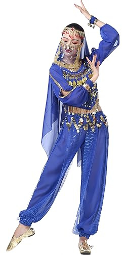 ORIDOOR Women's Halloween Costume Set Belly Dance Crop Top Pleated Harem Pants for Dress Up Party 5 Piece Outfit (One Size, B Royal Blue) …
