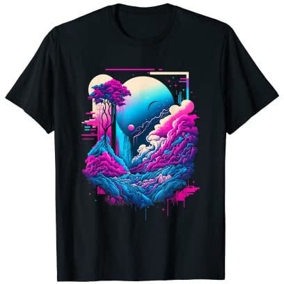 Vaporwave Abstract Landscape Moon Tree Waterfall Blue Purple T-Shirt
