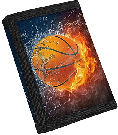Coldinair Fire Water Basketball Print Kids Wallet for Boys Girls Teens Trifold Canvas Wallet for Men with Cash Pocket and Card Holders