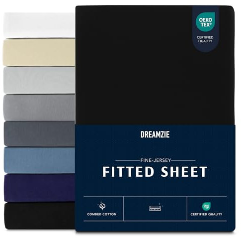 Dreamzie Premium Spannbettlaken 120x200 cm, Spannbetttuch für Dicke Matratzen bis zu 22 cm, Bettlaken 100% Jersey Baumwolle, 150 g/m², Oeko-TEX Zertifiziert - Schwarz