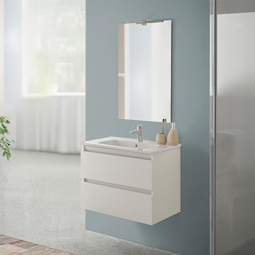 Inbagno Mobile Bagno Sospeso 70 cm Rovere Bianco – Mobiletto Con Lavabo In Ceramica E 2 Cassettoni Soft-Close – Linea Nadia