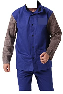 Hochleistungsschweißjacke Professionelle Schweißjacke Leder Flammesistente Baumwolle for Schweißfunke Abriebbekleidung Schutzbekleidung Hitzebeständiger Schweißmantel (Color : Blue Charcoal-Brown, S