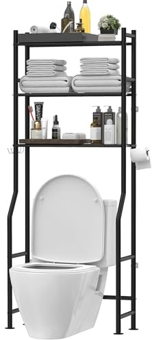 Livilord 3-Tier Over The Toilet Storage, Freestanding Metal Bathroom Shelves with 4 Hooks, Over Toilet Storage Shelf with Paper Holder, Above The Toilet Shelf for Bathroom Storage, Black