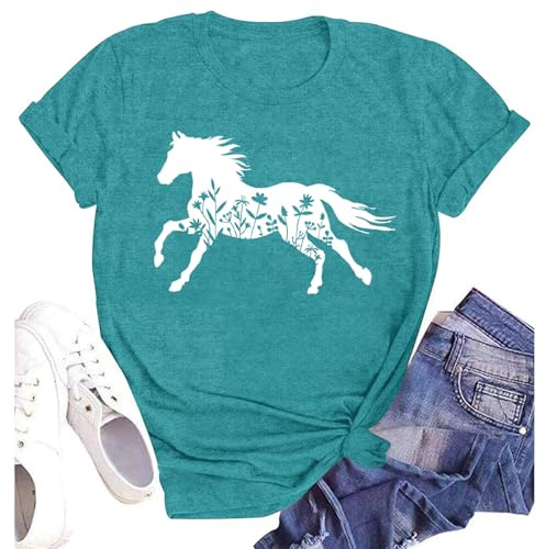 SUWATOIN Womens Horse Shirts Equestrian Lovers T-Shirt Horse Graphic Tee Top Cyan