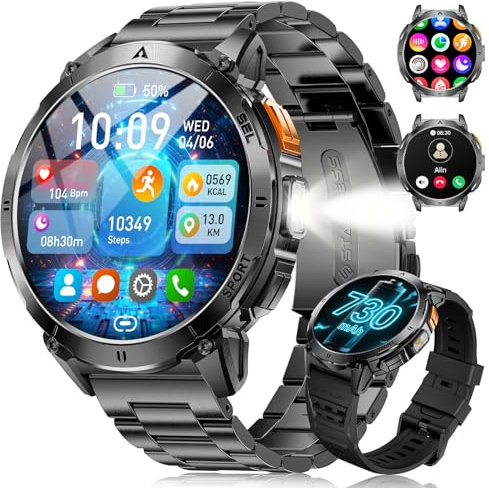 LIGE Smart Watch for Men with LED Flashlight, 1,62 HD AMOLED Display 730mAh Military Smartwatch with Answer/Make Calls, 3ATM Waterproof Pedometer with 24/7 Heart Rate/Spo2 for iOS Android, 2 Cables