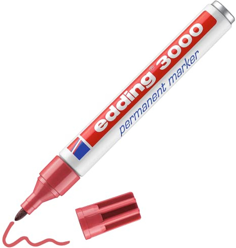 edding 3000 permanent marker - carmine-red - 1 pen - round tip 1.5-3 mm - quick-drying permanent markers - waterproof, smudge-proof - for cardboard, plastic, wood, metal, fabric - marker pens