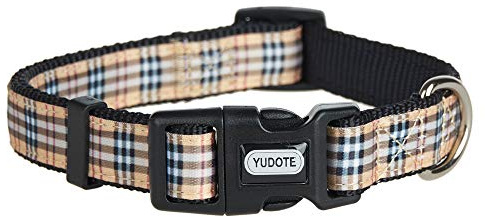 YUDOTE Adjustable Black Nylon Dog Collars Small with Tartan Plaid Begie Ribbon for Puppies Little Dogs Neck 25-38cm