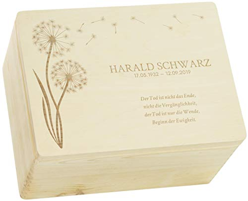 LAUBLUST Trauer Erinnerungsbox - Trauerkiste Personalisiert mit Name, Wunschtext oder Foto | Erinnerungsbox Verstorbene - Holzkiste Natur, FSC® (Pusteblume Motiv, ca. 40 x 30 x 24 cm | XL)