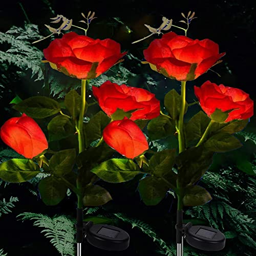 Lumières solaires Jardin-Paquet de 2 Lumières de chemin solaires Lampes solaires à LED extérieures décoratives avec 6 fleurs roses, pour la décoration de allée de allée de jardin de pelouse (rouge)