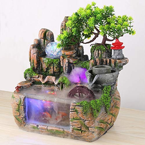 LED-Zimmerbrunnen mit Wasserfall & Zen Garten, Dekorativer Tischbrunnen mit Regengeräuschen, Steingarten Brunnen mit Aquarium & Pflanzen, Leiser Mini-Brunnen für Wohnzimmer, Büro