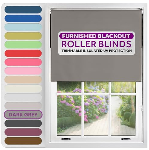 FURNISHED Roller Blinds Thermal Blackout Roller Blind - Trimmable Insulated UV Protection Child Safe Easy Fit Home Office Window Blinds, Dark Grey, 50 cm Wide x 165 cm Long
