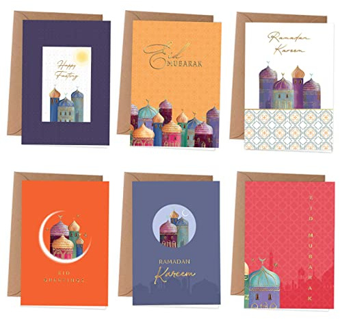PaPIerDraCHeN 6 biglietti pieghevoli per il Ramadan | 6 biglietti d'auguri come biglietti pieghevoli con busta per Eid - design elegante per il Ramadan - motivo colorato e lamina d'oro - set 2