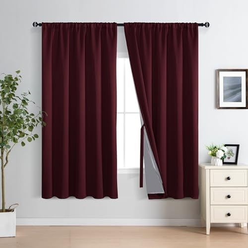 XWZO 100% Blackout Curtains with Tiebacks- 2 Thick Layers Completely Shaded Window Treatment Thermal Insulated Lined Drapes for Bedroom/Party, Rod Pocket, Burgundy, W70 x L63, Set of 2 Panels