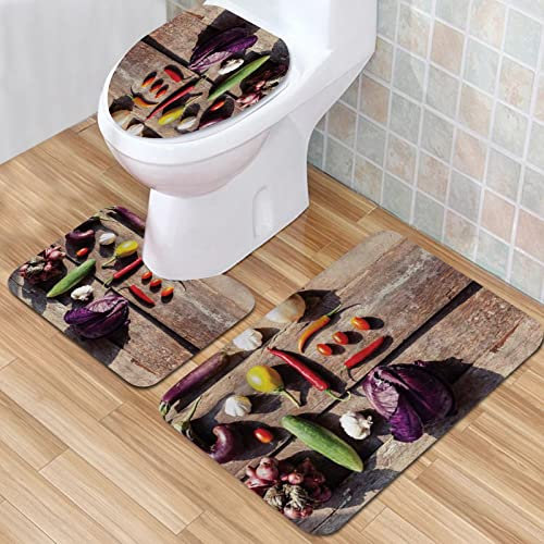 IUBBKI Badezimmermatte, Badezimmer-Anti-Rutsch-Matte, Gemüse, Bauernmarkt mit Auberginen, Kirschtomaten, Garli, Badematten-Set, 3-teilig, saugfähig, rutschfest, Badematte, WC-Vorleger, Badteppich