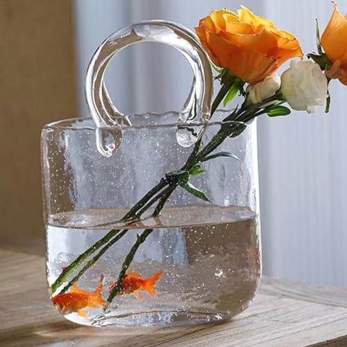 Huasean Clear Hand-Blown Glass Purse Vase - Small Fish Bowl Design for Flowers, Modern Home Summer Decor