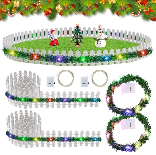 Lot de 2 clôtures de Noël miniatures en bois - Mini guirlande lumineuse LED - Accessoires de lutin miniature - Mini clôture de maison de poupée - Décoration de porte de lutin - Décoration de Noël pour