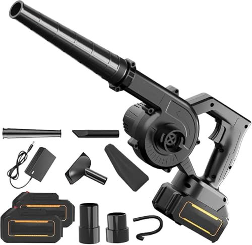 Soplador de hojas inalámbrico de 21 V y aspiradora con batería y cargador, aspiradora de jardín 2 en 1 y sopladores inalámbricos, soplador de hojas de 550 W inalámbrico para hojas/nieve/soplado de