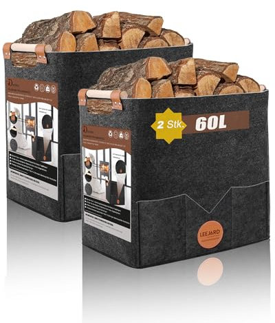 2 cestas de madera para leña, grandes cestas de madera de fieltro, también se pueden utilizar como bolsa de almacenamiento o cesta de la compra, cestas de madera con bolsillos laterales y asas