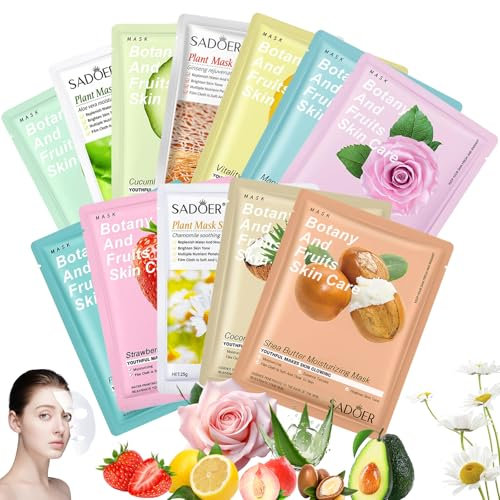 12 Stück Frucht Gesichtsmaske,Gesichtsmaske Set,Masken Beauty,Gesichtsmasken Set,Für Jeden Hautzustand,Gesichtsmasken beauty beruhigend feuchtigskeitsspendend,geschenk für Frauen und Mädchen