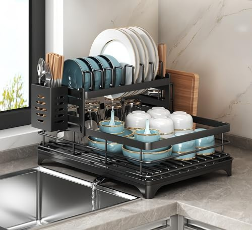 Uwenkjie dish drainer rack,2 tier dish drainer rack,dish racks with drain board,Kitchen Dish Drain Stand, Stainless Steel Sink Dish Stand with Utensils and Cutting Board Rack, Black