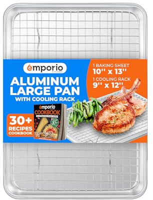 Baking Pan Set - 9 x 13 Aluminum Baking Pan with Stainless Steel Cooling Rack Set, PFOA, PFOS, PTFE Free, Recipe Booklet Included, Oven Safe Tray, Resist Heat Up To 500° F, Set of 1