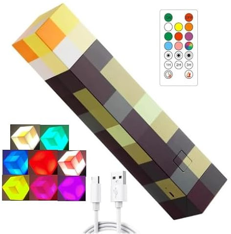 Lampada da Parete Torcia Miner Game, 28 cm lampada da notte ricaricabile USB, Miner Game LED luci 8 colori con timer e telecomando, LED Craft a mano/a parete per bambini, regali, camera e feste
