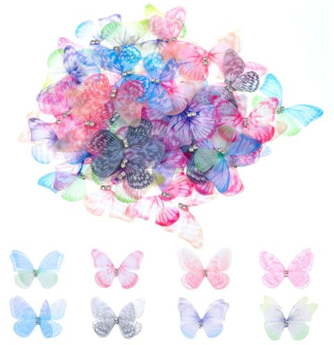 YUXIANLB 60 Stück Organza-Schmetterlinge zum Basteln 3D-Stoff-Schmetterlinge 2-lagig Mini-Schmetterlings-Applikationen Strass-Glitzer-Schmetterlingsverzierungen bunte Wanddekoration für Heimwerker