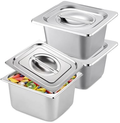 Lote de 3 bandejas de acero inoxidable para alimentos, plato de acero inoxidable con tapa, GN 1/6 recipiente, bandeja rectangular de acero inoxidable, bandeja de gastro inoxidable, sartén de vapor
