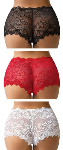 Mutandine Francesi Donne Plus Size Perizoma in Pizzo Cavallo di Cotone Biancheria Intima Brasiliana Mutandine Hipster Sexy Slip da Donna Bikini Perizoma Sfacciato Nero Rosso Bianco Confezione da 3