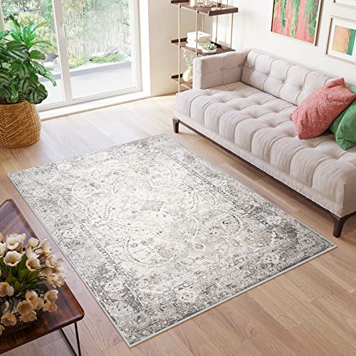 TAPISO Valley Teppich Kurzflor Vintage Creme Weiß Grau Dunkelgrau Rahmen Design Used Effekt Meliert Verwischt Wohnzimmer Schlafzimmer ÖKO-TEX 80 x 150 cm