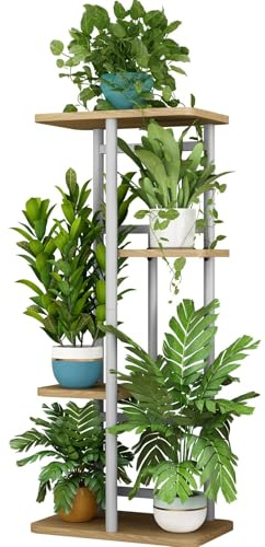 LINZINAR Soporte para plantas de 4 niveles y 5 macetas de interior, múltiples soportes para jardín, esquina, balcón, sala de estar (4 niveles 5 en maceta, blanco)