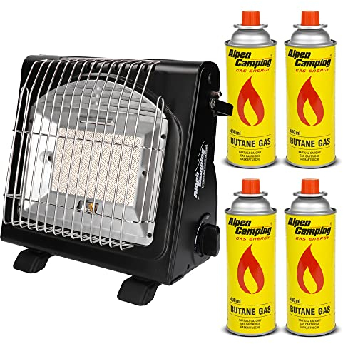 Alpen Camping Chauffage au gaz, avec 4 cartouches de 400 ml, puissance de chauffage de 1,7 kW, consommation de gaz économique 124 g/h, allumage piézoélectrique, idéal pour l'extérieur, tente et abri