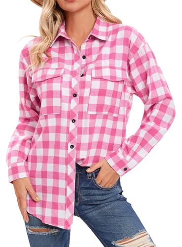 Timuspo Blusa de manga larga a cuadros para mujer con botones, estilo Oktoberfest, con cuello en V, casual, túnica, de franela, tops, Blanco, rosa, M