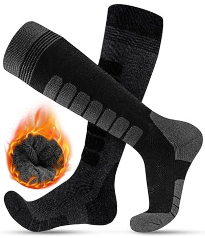 FORVEVO Skisocken Herren 43-46 aus Merino Wollesocken 2 Paar, warme Socken, atmungsaktiv und bequem, dicke Wintersocken für kaltes Wetter, Outdoor-Sport, Skifahren(Schwarz/Dunkelgrau)