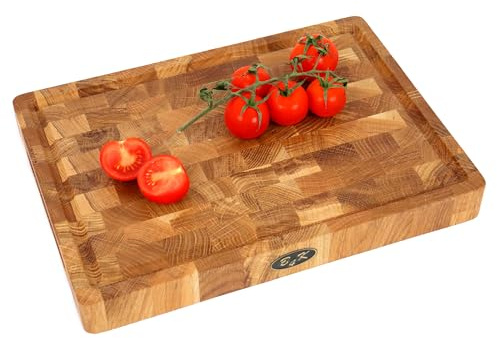 B4K - Tabla de cortar de madera de roble antibacteriana, con asas, patas de silicona y ranura para zumos (35 x 25 x 4 cm)