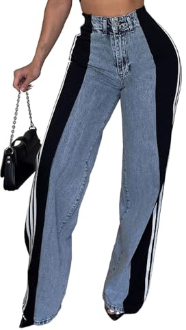 MGCPTN Women's Jeans Trendy Wide Leg High Waist Striped Stretch Casual Loose Fit Long Pants Blue Black M