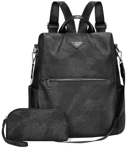 Leathario Rucksakck Damen klein,Veganes Leder Cityrucksack,Rucksackhandtasche Diebstahlsicher,Elegant Tagesrucksack für Büro,Pendeln,Arbeit,Leicht Mittelgroß Backpack Women für Reise，Ausflug Schwarz