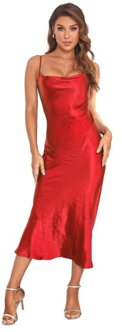 Robe midi en Satin de Soie avec Bretelles Spaghetti et col bénitier - Robe Sexy pour fête, Cocktail, soirée, Rouge, Taille XL
