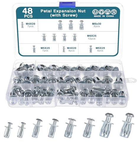 HSEAMALL Juego de 48 tuercas de expansión con tornillos, M4 x 20, M5 x 25, M6 x 25, M8 x 30 mm, tuerca de expansión, tuerca de expansión, tacos para cavidades