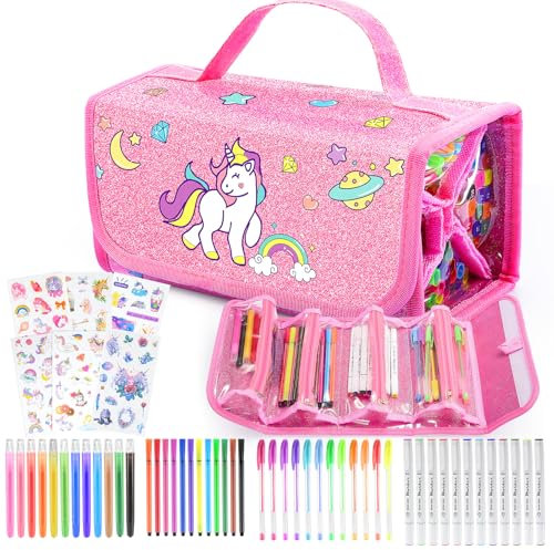 HappyGoLucky Malset für Kinder Wasserfarbkasten Marker Set, Geschenk Mädchen 3-10 jahre, Federmäppchen Mädchen mit 48 Stifte & Stickerkarten - Weihnachts Geschenken (Rosa)