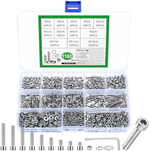 Juego de Tornillos M3 1160 Piezas - Set de Tuercas y Arandelas con Cabeza Hexagonal, Tornillo Allen de Acero Inoxidable y Cabeza Hueca