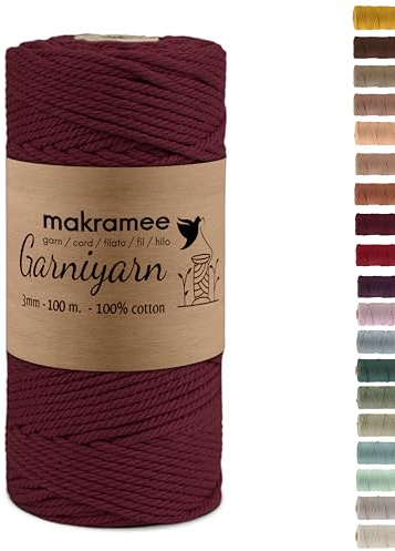 GARNIYARN Filato per Macramè 3mm in Cotone 100%, 100 Metri, con Certificazione Oeko-Tex 100, per Arazzi, Appendini per Piante e Lavori Manuali, Bordeaux